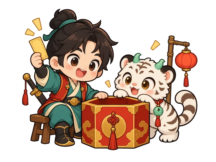 Q版少侠坐着抽出金签，小虎灵宠在奖箱旁探头张望